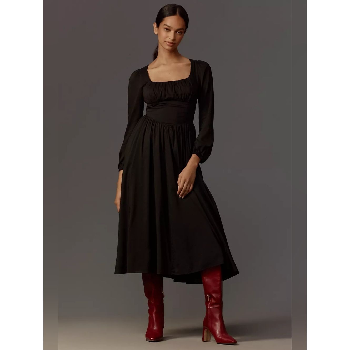 Reformation Black Oria Midi Square-Neck Long Sleeve Midi Dress Size 4